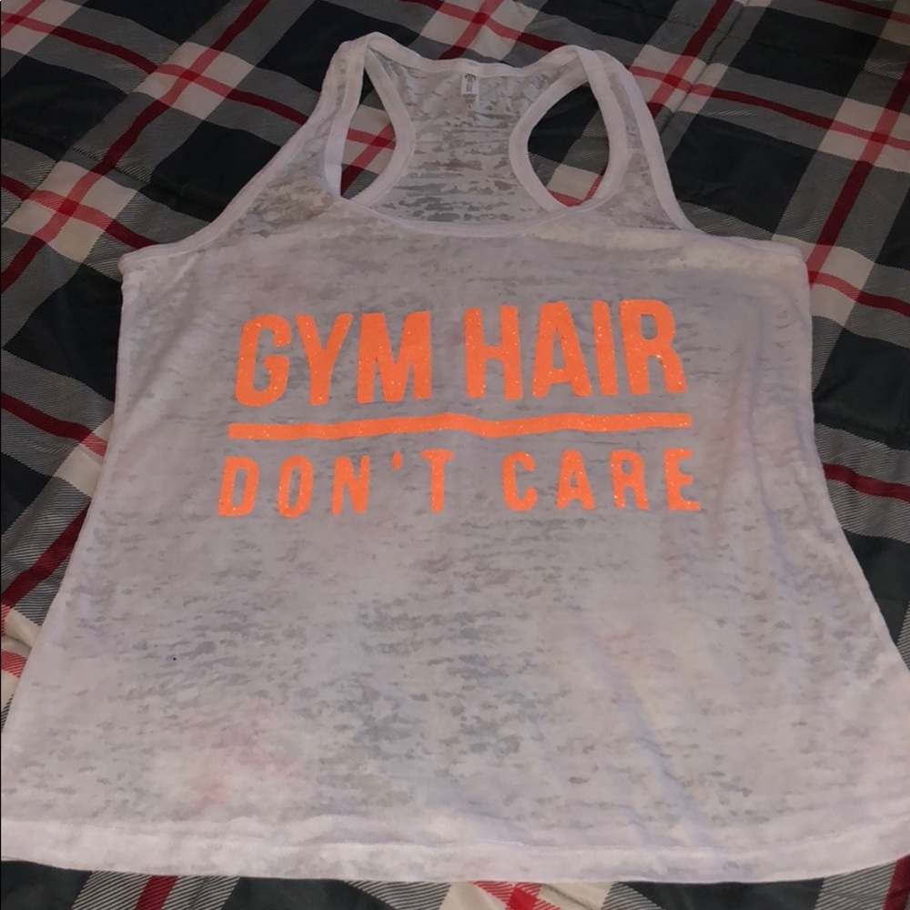 White workout tank size large- gym hair don’t care